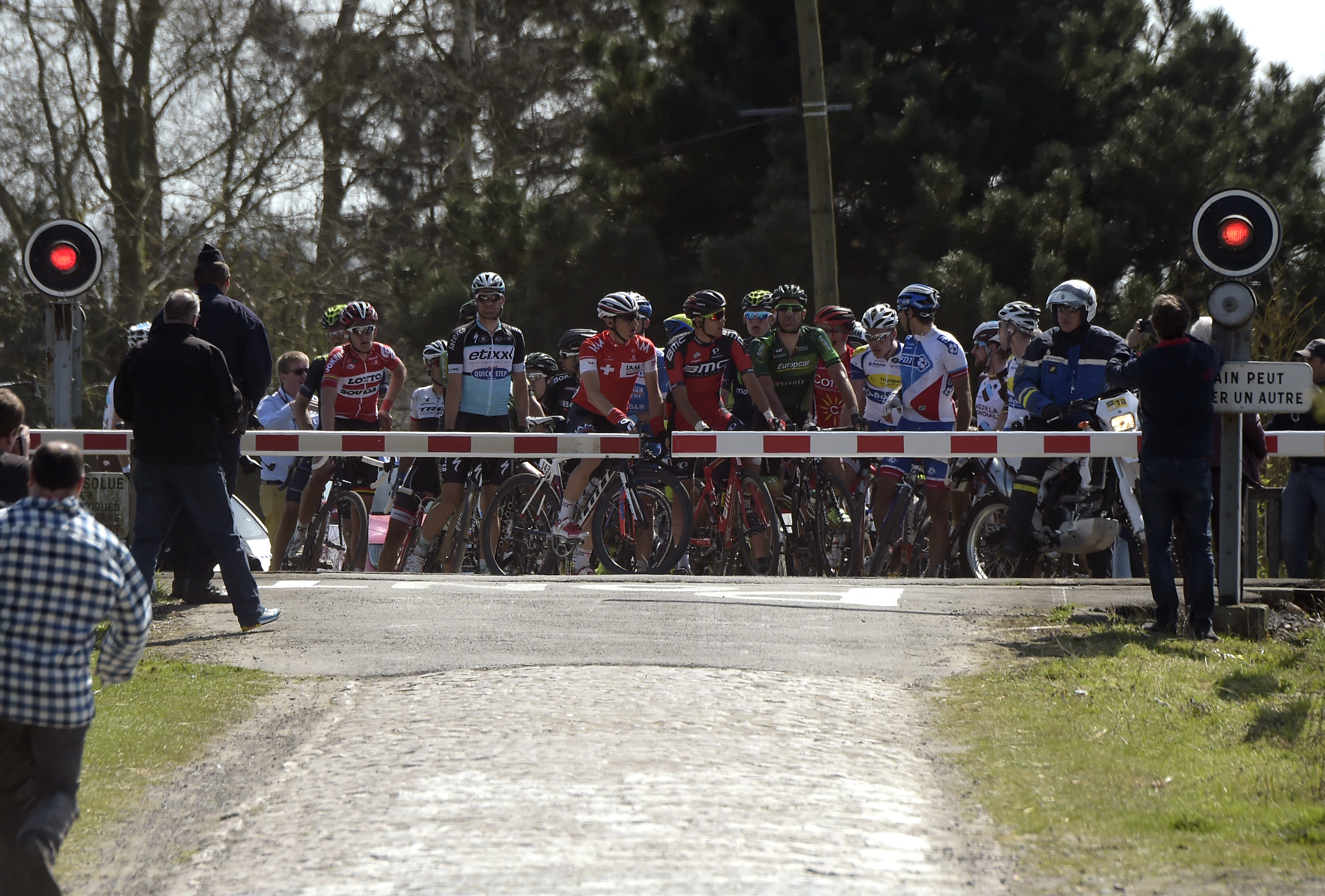 The pack is stopped at a level during the 113th edition of the Paris-Roubaix Paris-Roubaix one-day classic