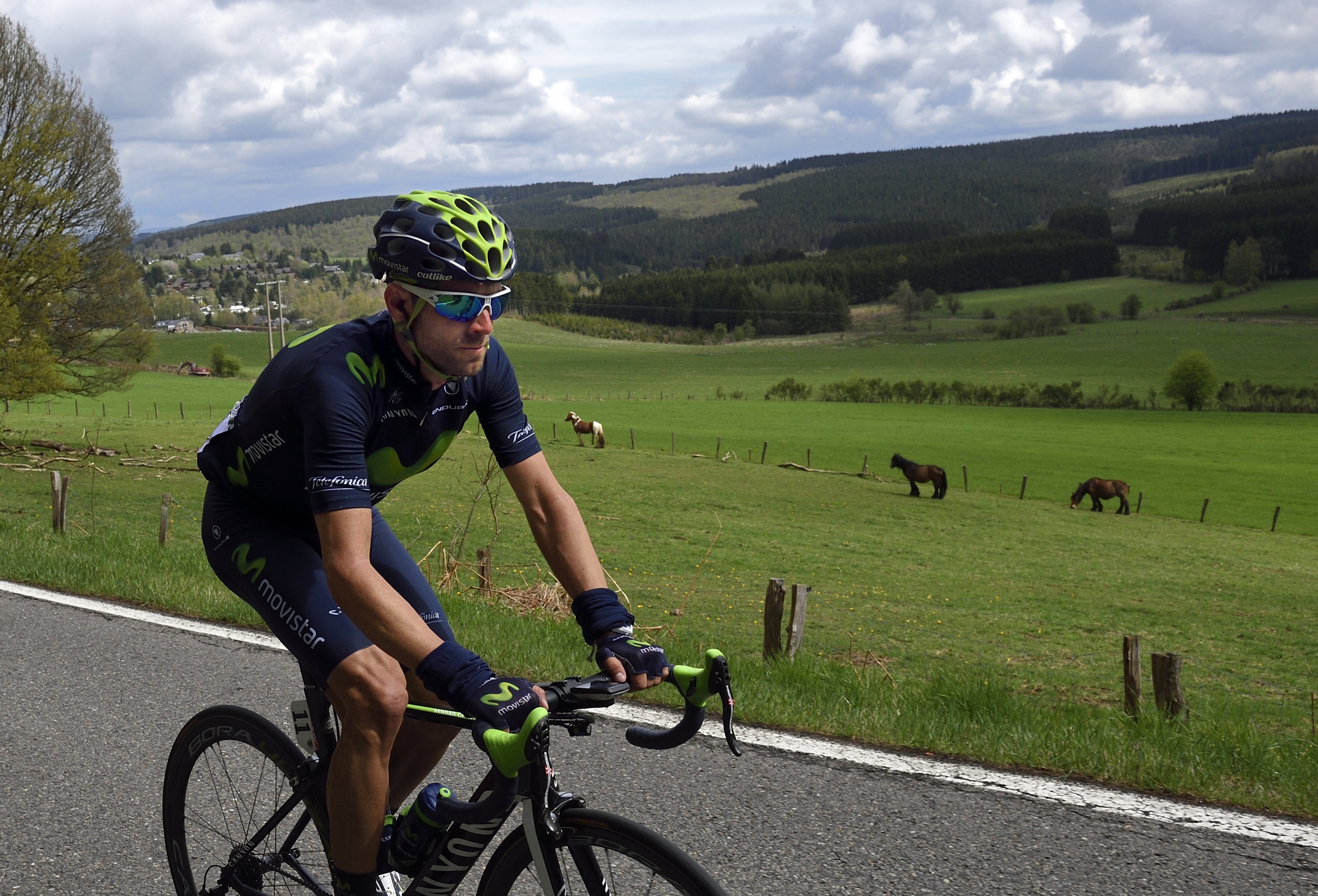 Spain's Alejandro Valverde (R) rides during the 101st Liege-Bastogne-Liege one-day classic 