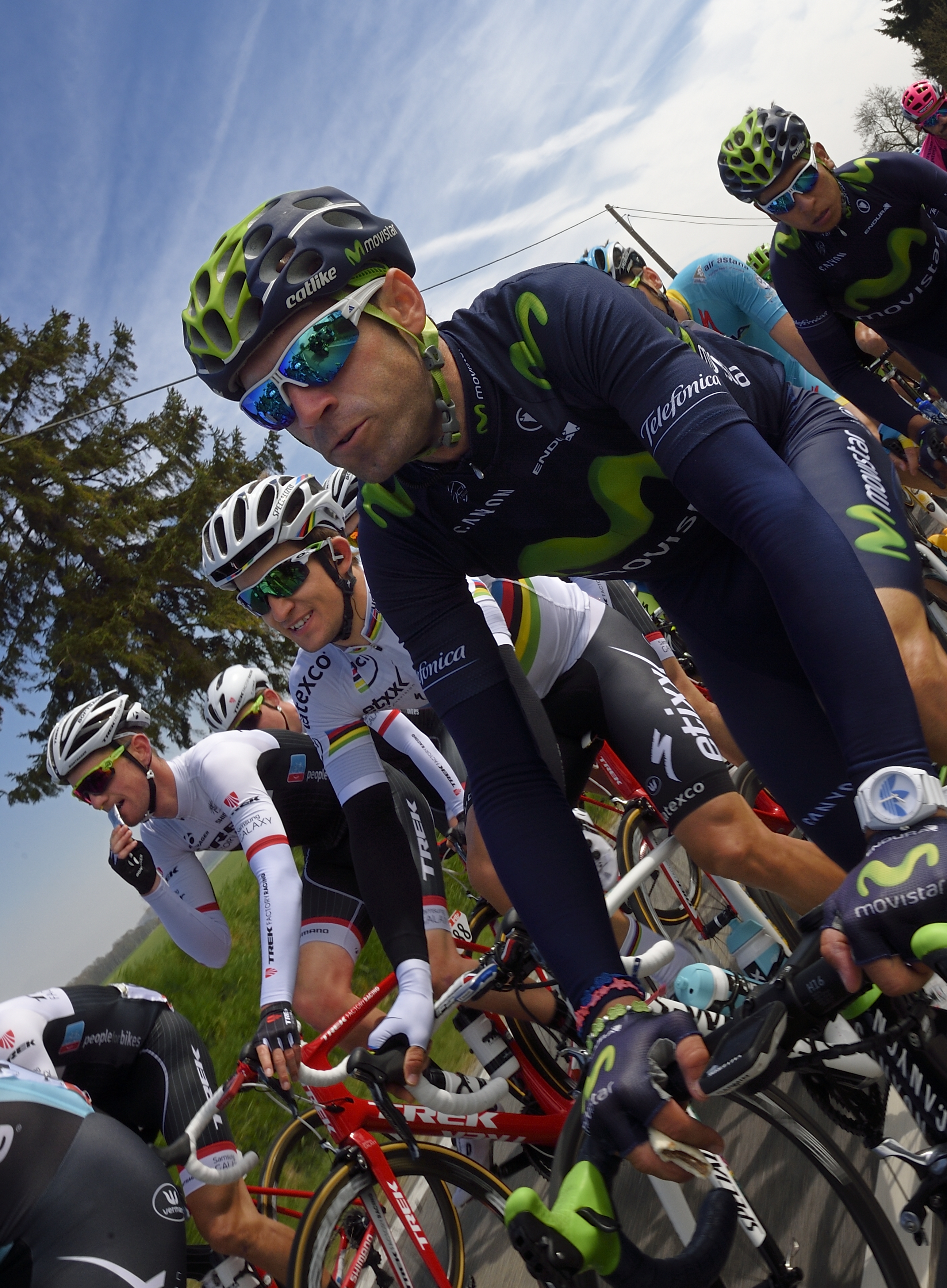 Spain's Alejandro Valverde (C) and world champion Poland's Michal Kwiatkowski (2ndL) ride during the 79th edition of the 'La Fleche Wallonne' 