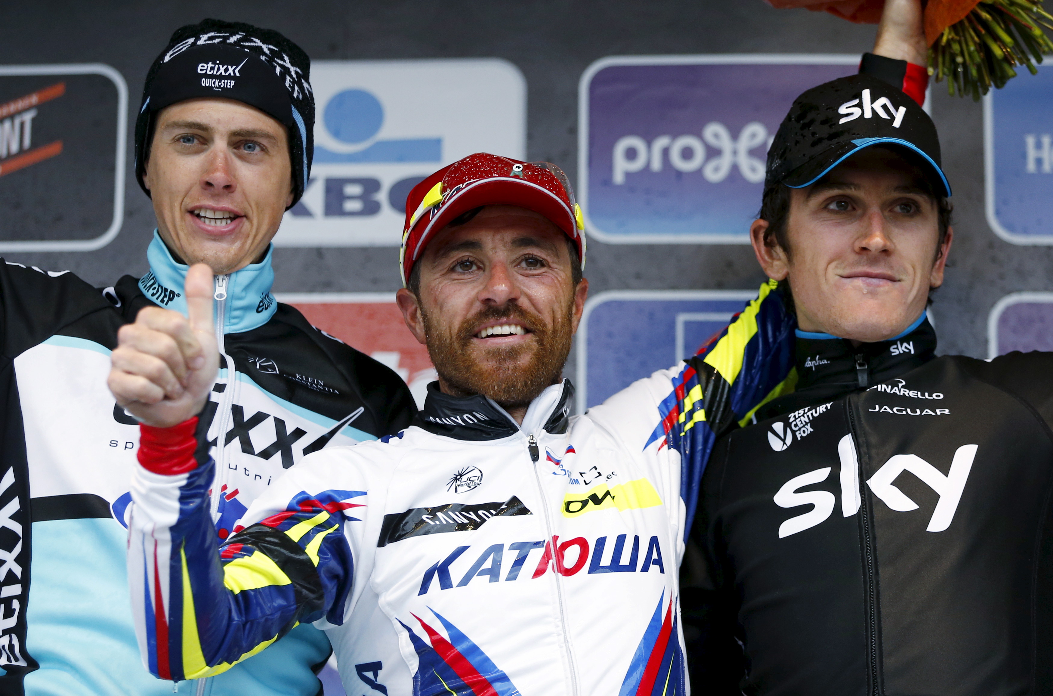 Geraint Thomas (R) of Britain after finishing third in the Gent-Wevelgem classic (Reuters)