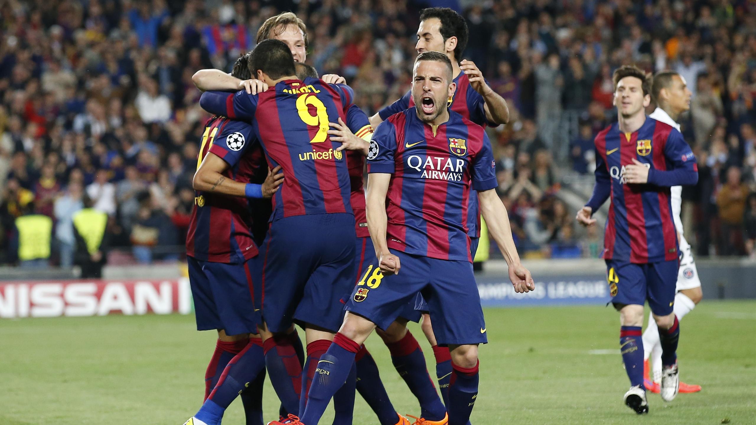 Jordi Alba celebrates after Neymar (L) scores for Barcelona