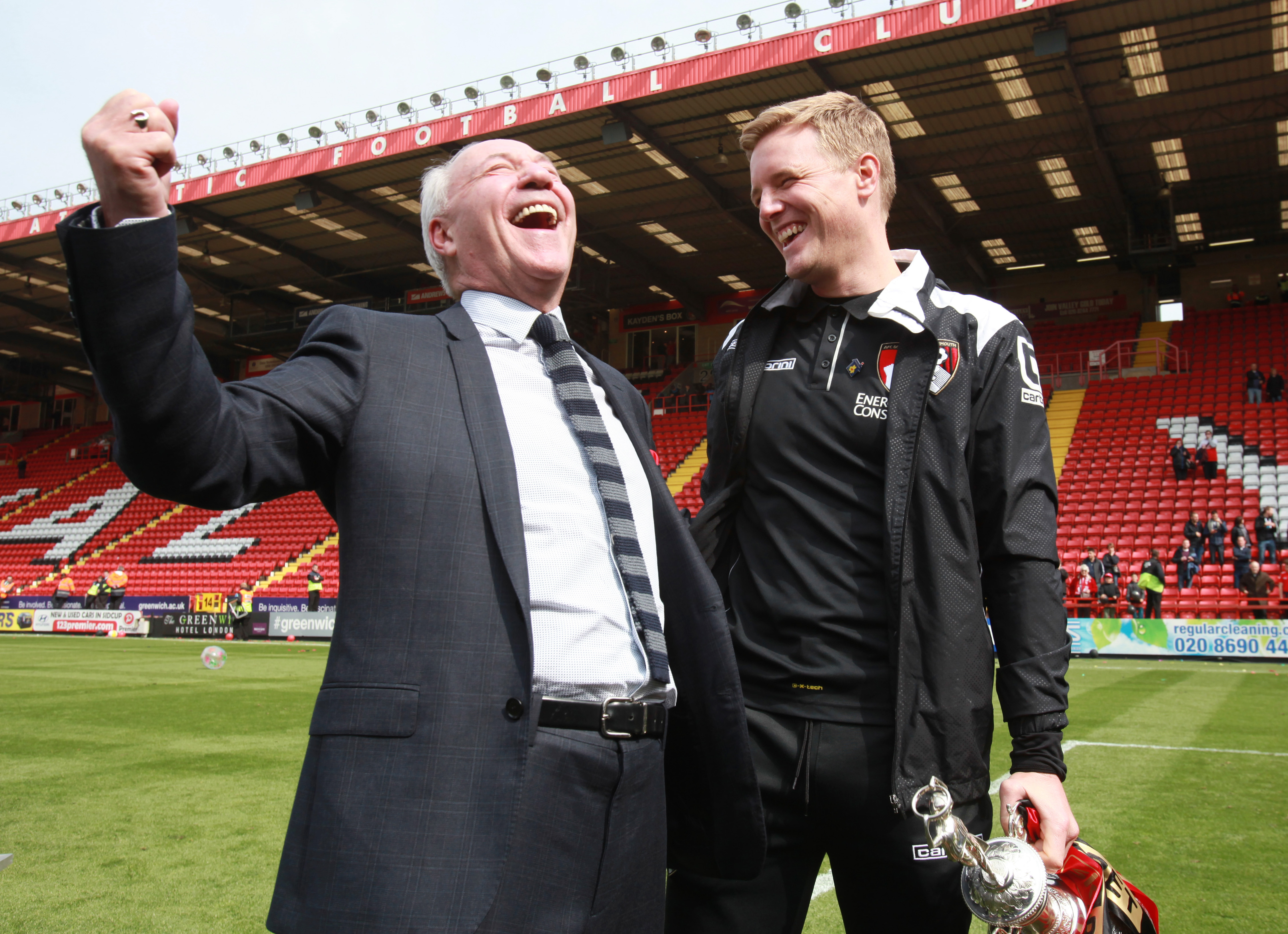 Bournemouth chairman Jeff Mostyn celebrates winning the Championship with manager Eddie Howe (Reuters)